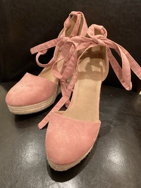 Ankle Lace Up Wedge Espadrilles Pink Suede